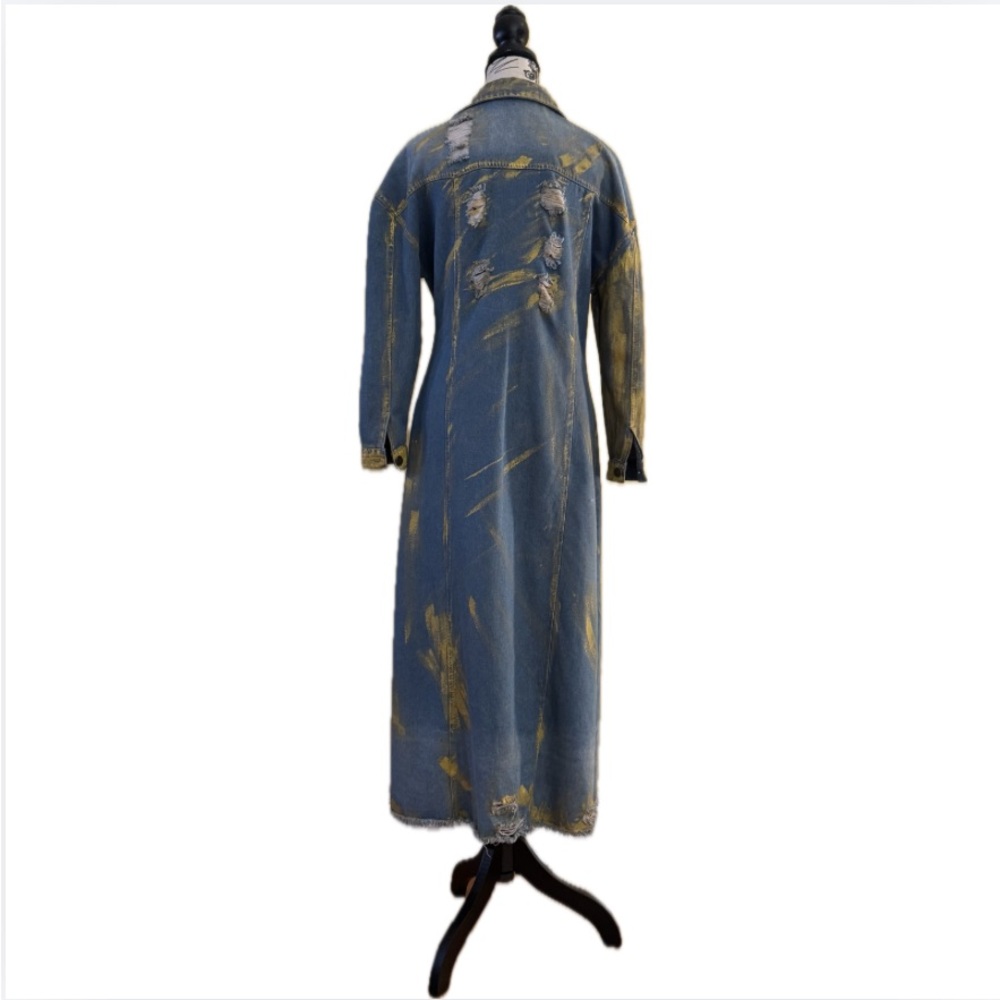 Distressed Hand-Painted Denim Maxi Duster Jacket w. Gold Finish - Picture 15 of 16